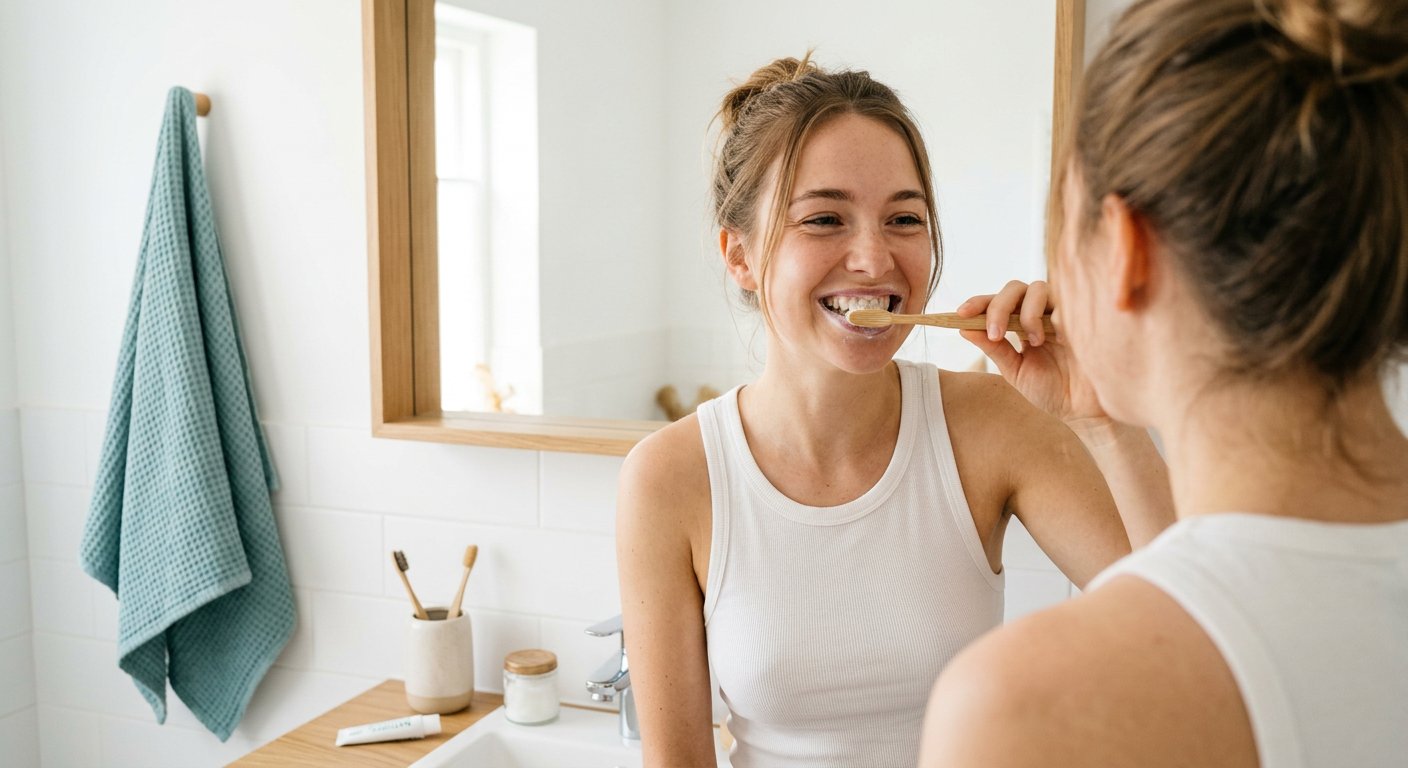 Woman brushing her teeth in a bright bathroom mirror