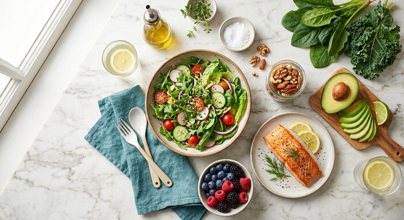 Colourful healthy foods arranged on a table