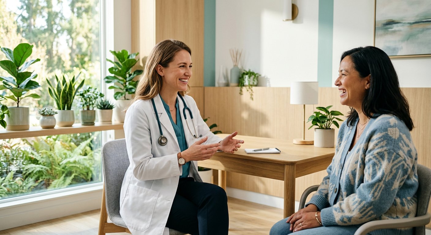 A doctor warmly talking with a patient in a bright consultation room