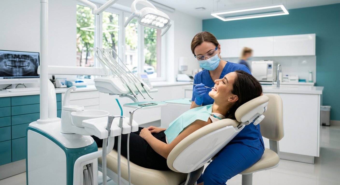 Dentist examining a relaxed patient in a modern dental clinic