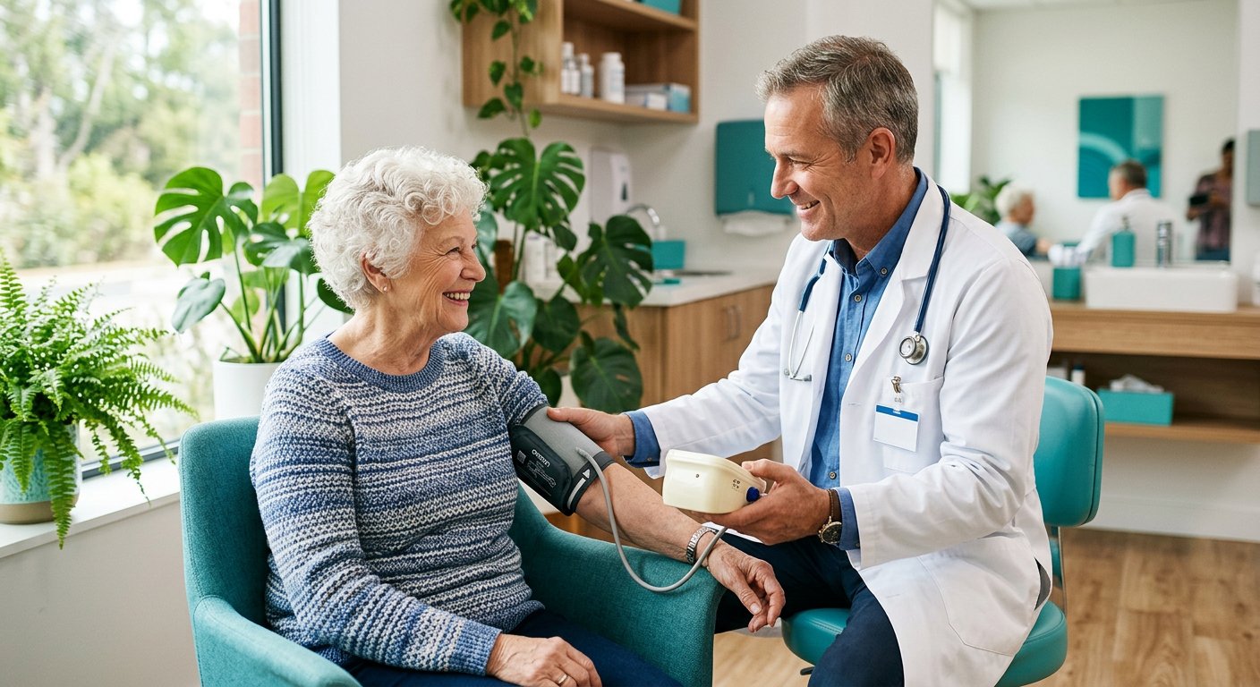 Doctor checking a patient's blood pressure in a bright clinic room