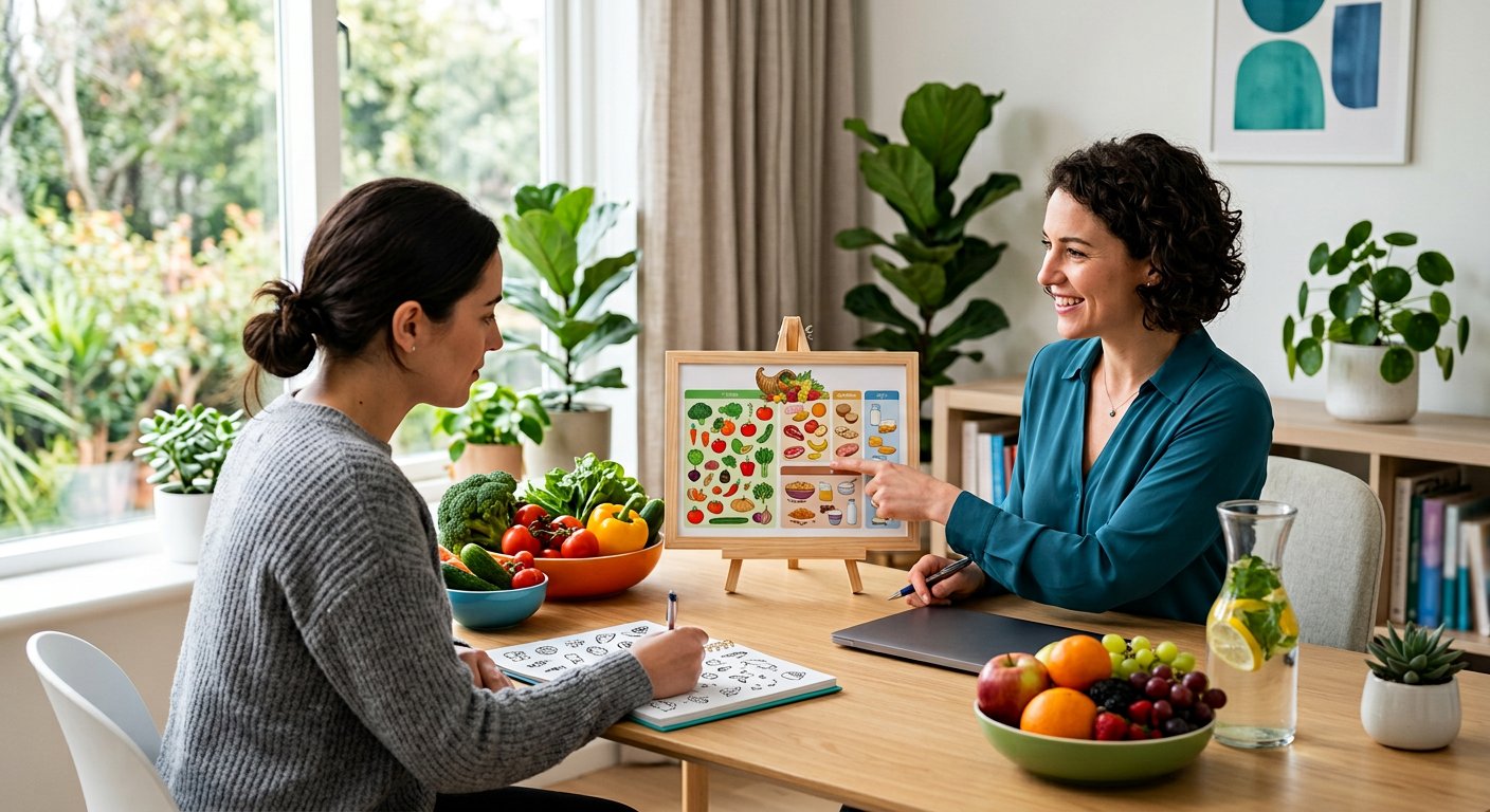 Nutritionist guiding a client through a healthy eating plan